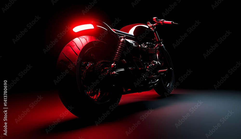 Poster illuminated motorcycle: a sleek motorcycle with a distinctive design is showcased in the darkness, t
