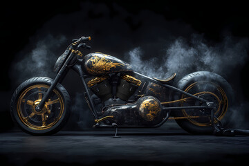 Motorcycle in the shadows: A vintage motorcycle is the centerpiece, with golden accents, parked dramatically against a dark backdrop, enveloped in a misty, atmospheric effect.