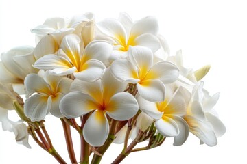 Fototapeta premium Plumeria Bouquet: Delicate White Blossoms with Yellow Centers, Serene Floral Still Life