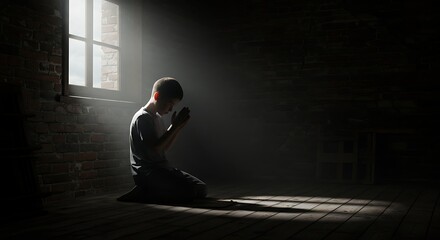 Fototapeta premium Boy Praying: A Solemn, Light-Filled Portrait
