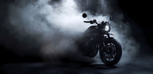 Motorcycle in Smoke: A powerful, dark motorcycle shrouded in atmospheric smoke, creating a dramatic and mysterious scene.