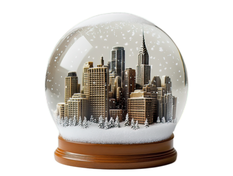 Detailed Miniature City in Snow Globe with Snow Effects