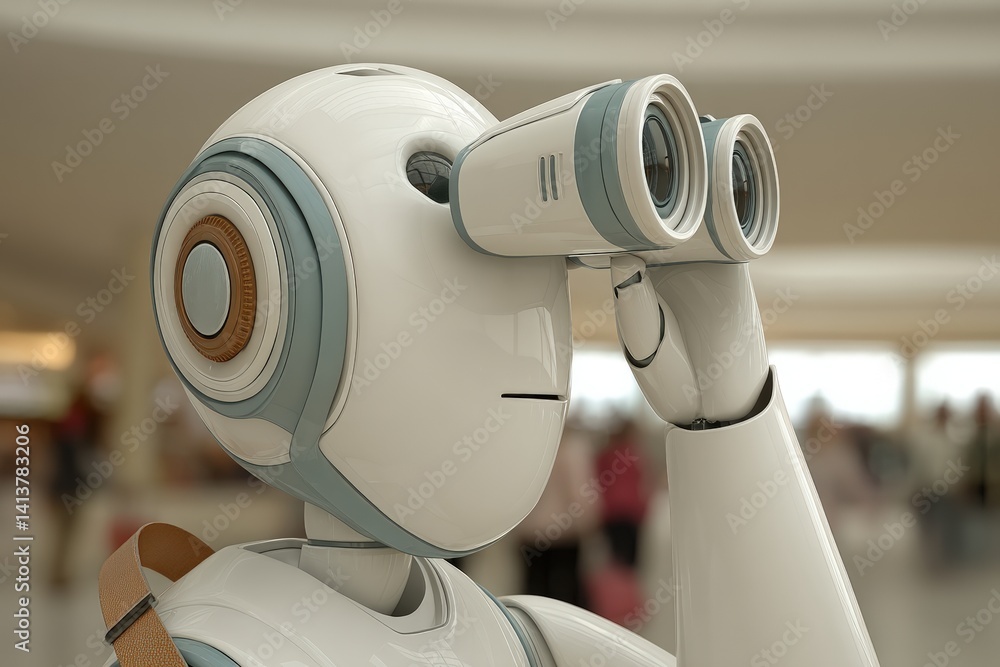 Poster a futuristic robot uses binoculars to observe its surroundings, showcasing advanced technology and a