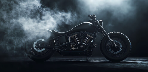 Ride into the Abyss: A classic black motorcycle emerges from a cloud of smoke, showcasing its raw power and the essence of the open road.
