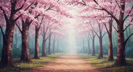 Fototapeta premium Serene Pink Blossom Path: A Dreamlike Spring Landscape