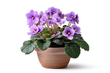 Blooming African Violet in Pot with Purple Flowers and Green Leaves