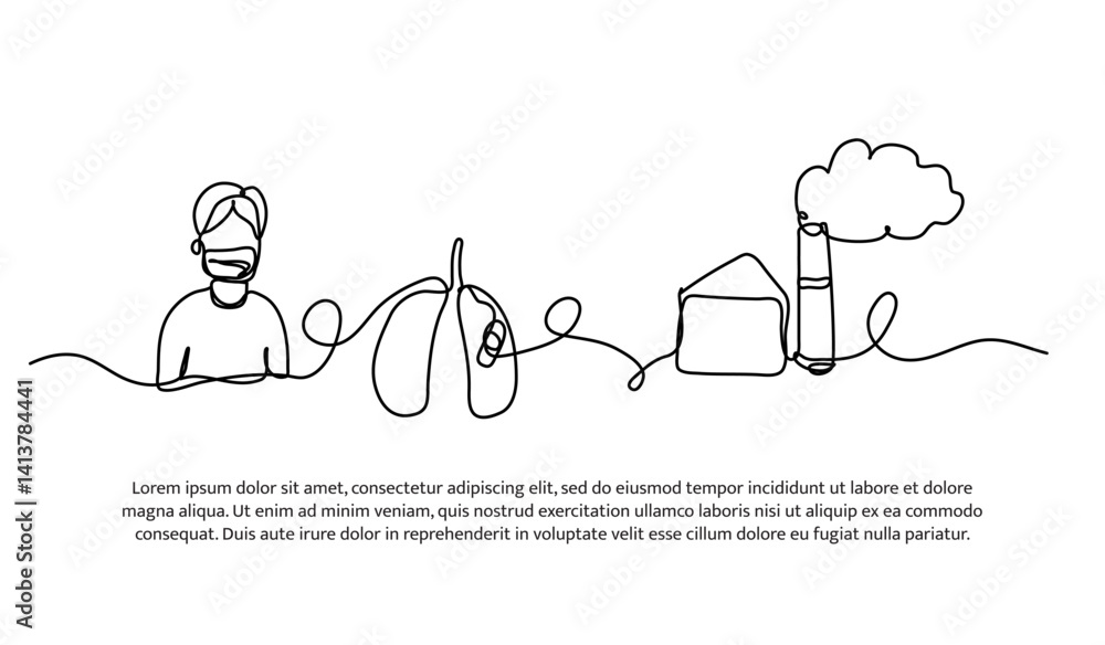 Poster continuous one line design of health impact from pollution. minimalist style vector illustration on 