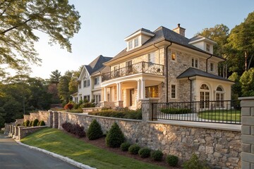 Luxury two-story colonial home with a balcony, stone wall fence, and well-maintained landscape. Exterior home view with sunlight and greenery.