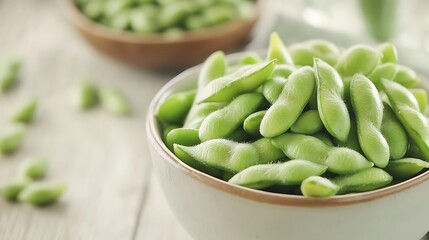 Fresh Edamame Beans in a White Bowl on Light Wooden Table, Healthy Food Concept