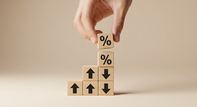 Hand Placing Percentage Block on Rising Arrow Stack Business Concept