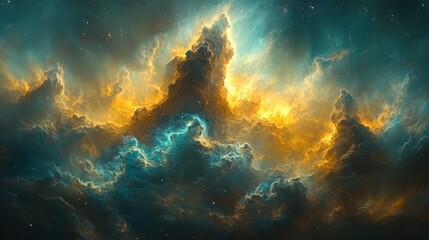 Fototapeta premium Cosmic Nebula Golden and Teal Cloudscape