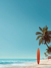 Orange Surfboard on Beach Near Palm Trees and Ocean Waves on Sunny Day