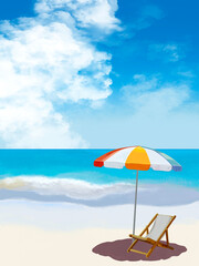 砂浜と海と青空（雲あり、ビーチパラソル、ビーチチェア付き）