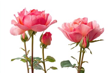Fototapeta premium Blooming Pink Roses with Buds on White Background for Floral Design