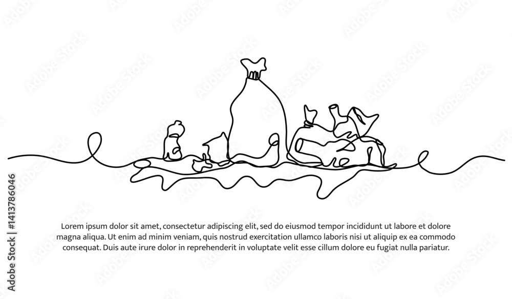 Poster continuous one line design of garbage piles. minimalist style vector illustration on white backgroun