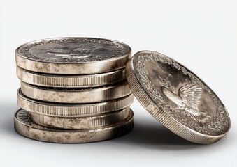 A stack of shiny coins with detailed engravings, showcasing their metallic texture and reflecting light elegantly.