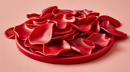 Naklejka premium Crimson petals cascading on a smooth, red surface with soft lighting
