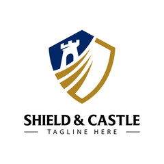 Castle shield logo. Secure fort icon. Fortress crest emblem. Vector designs