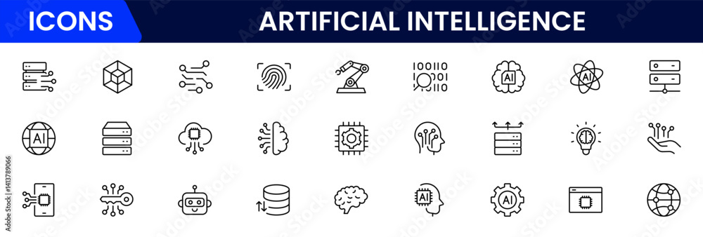 Poster vector illustration web line icon collection depicting artificial intelligence robot heads, neural n