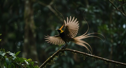 A male bird of paradise performing its courtship dance atop a branch in the dense jungle.