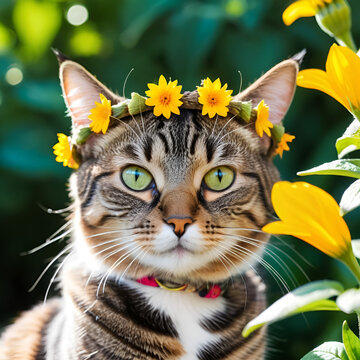 Cute adult cat pixiebob wearing primal flower crown on its head. Sunny daylight. Holiday season happiness. Kitten celebrating summer. Outdoor exploration with a pet. Cat surrounded by flower.