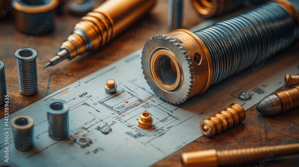 Poster precision engineering: a close-up view of metal components and technical drawings