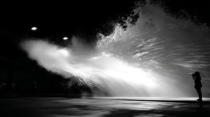 Black and white photography of water fountain with photographer taking pictures at night time outdoors