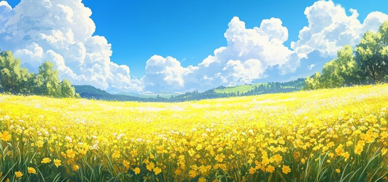 Vast field of yellow rapeseed flowers under a bright blue sky