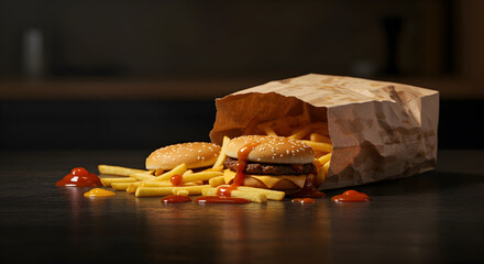 Delicious Fast Food Composition With Burger French Fries And Sauces