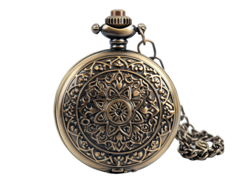 Antique Pocket Watch with Chain and Intricate Floral Design