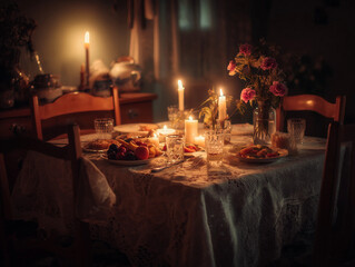 A table with a tablecloth and candles lit on it