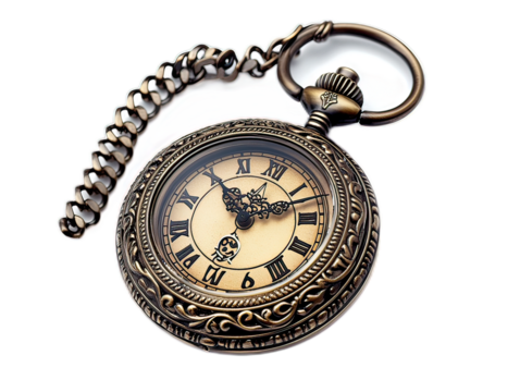 Detailed Antique Pocket Watch with Chain on White Background