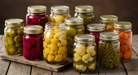 Assortment Of Fermented Pickled Vegetables In Jars On A Rustic Wood Table