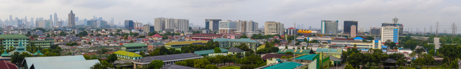 Obraz premium Cityscape Panorama with Buildings and Skyline Under Overcast Sky Daytime