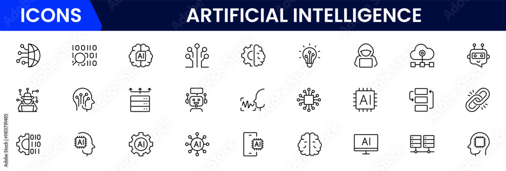 Poster vector illustration web line icon collection depicting artificial intelligence robot heads, neural n