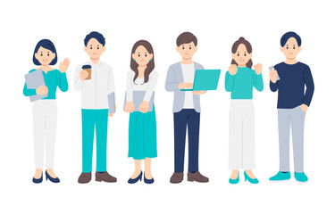 ポーズをとる若い男女の全身セット【人物ベクターイラスト素材】