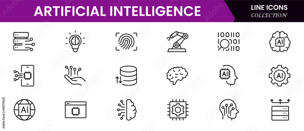 Poster vector illustration web line icon collection depicting artificial intelligence robot heads, neural n