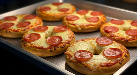 Baked Bagel Pizza Snacks Garnished With Pepperoni Served on Metal Tray