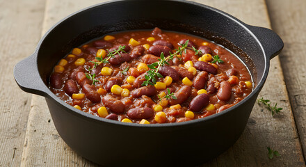 Hearty Chili Served In A Cast Iron Pot On Rustic Wooden Table