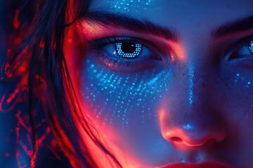 Naklejka premium Close-up cyberpunk female face, glowing details