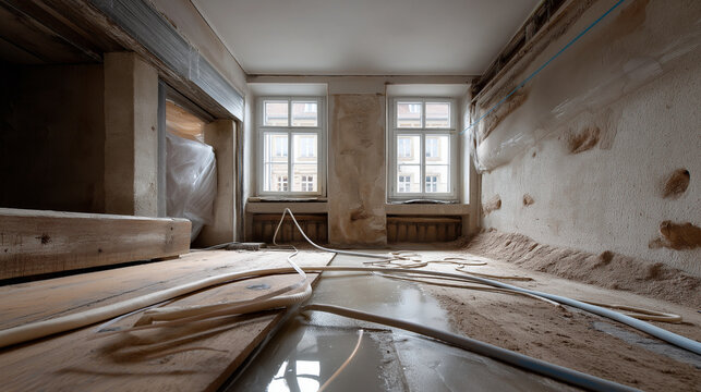 Leerer Altbau-Raum im Renovierungszustand mit besch&auml;digtem Holzboden und Wasserschaden