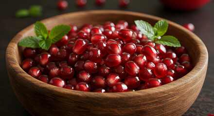 Pomegranate Seeds Bursting With Flavor In Wooden Bowl Against Dark Backdrop