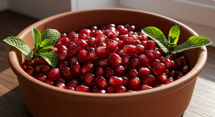 Fresh Pomegranate Seeds In Rustic Bowl Adorned With Sprigs Of Mint