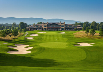 Fototapeta premium Golfers navigating the lush course at Sun Mountain Resort, surrounded by stunning mountain views.