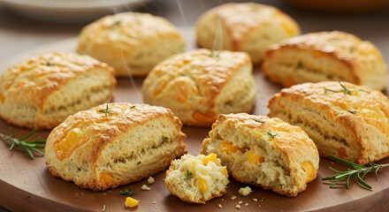 Golden Cheddar Biscuits Freshly Baked, Displayed on Rustic Wooden Board