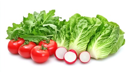 A colorful assortment of fresh vegetables including tomatoes, radishes, and leafy greens.