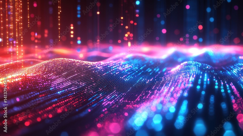 Poster abstract digital wave patterns with glowing particles flowing down