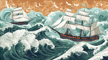Sailing adventure amidst turbulent waves ocean digital art stormy environment dynamic viewpoint