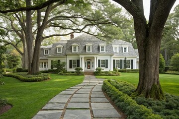 Fototapeta premium Classic colonial style house with white trim, a gray shingle roof, and a wide front yard garden. Exterior view with tall trees and a stone walkway.