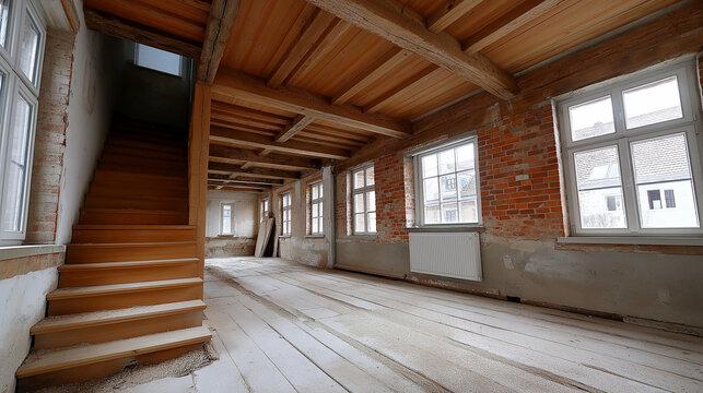 Innenraum eines Altbaus w&auml;hrend der Renovierung mit freiliegenden Holzbalken, Treppe und unverputzten W&auml;nden in Rohbauzustand